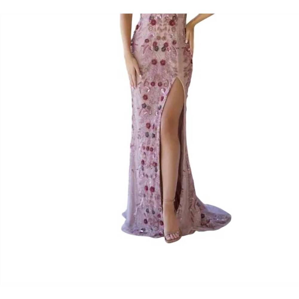 NEW PRIMAVERA floor-length beaded formal gown in antique rose